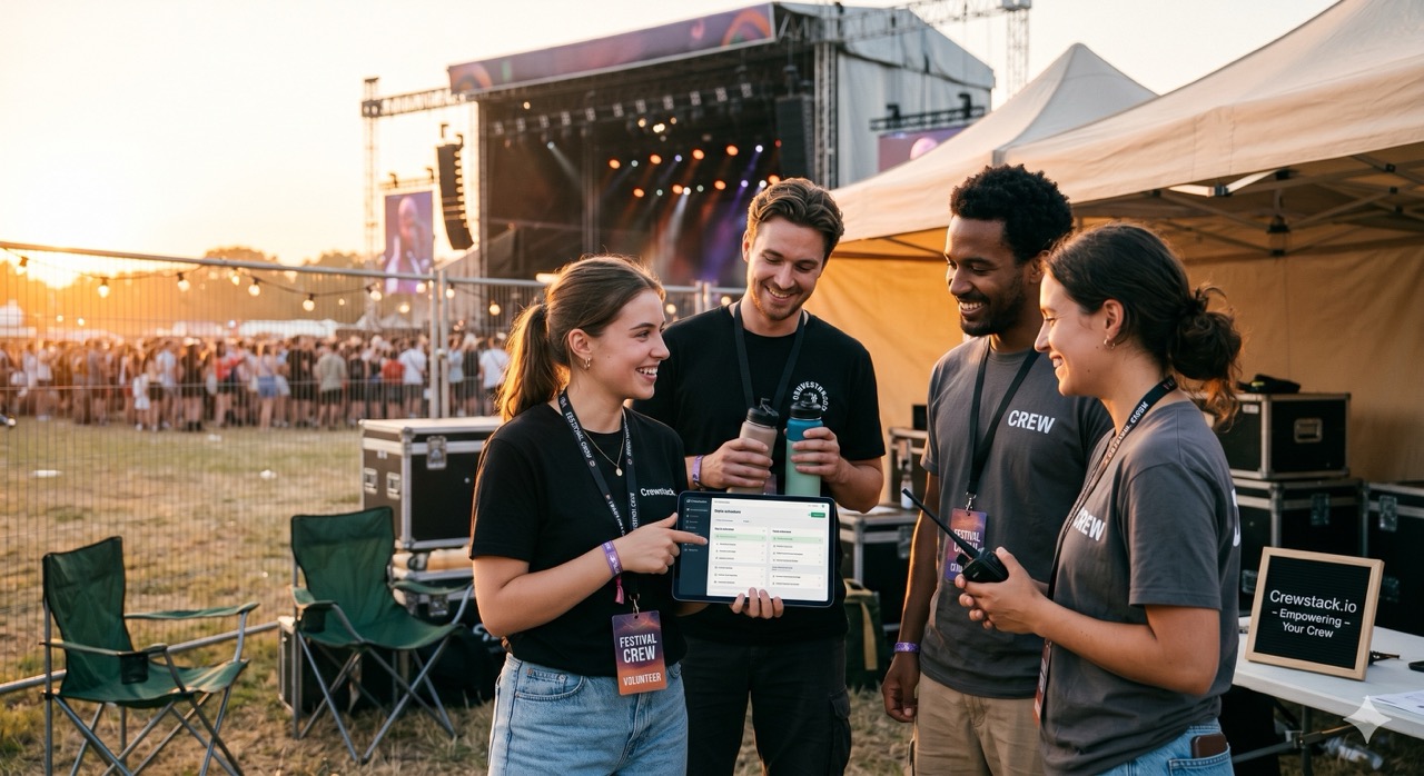 Crew på event: samarbejde om planlægning på tablet foran scene og teltplads